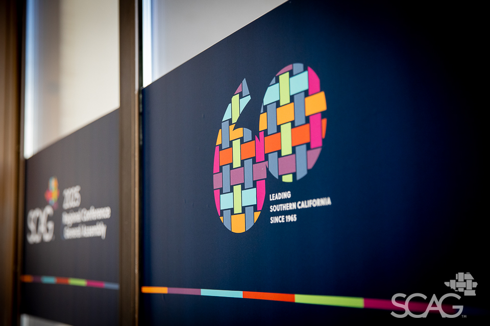 SCAG 60th anniversary conference logo with colorful woven design on a dark blue background.