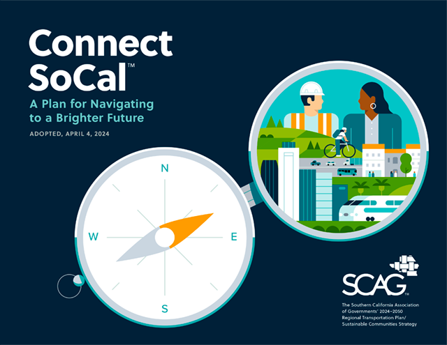Connect SoCal logo with urban scene and compass graphic.