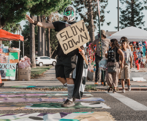 Person holding "Slow Down" sign at a street event with colorful decorations.