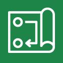 Rolled map icon with arrows, on green background.